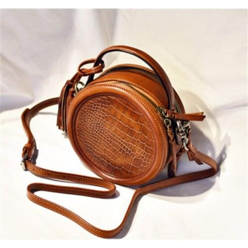 Retro handmade round box small bag crocodile pattern box stereotyped bag shoulder messenger bag genuine leather female bag