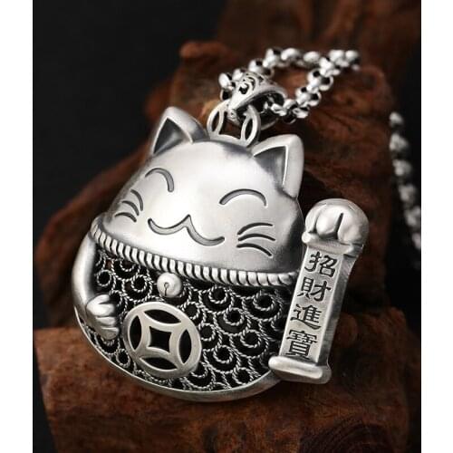 S999 Fine Silver Pendant Women Luck Hollow Coin Cat Pendant 44x40x21mm 22-23g Best Gift