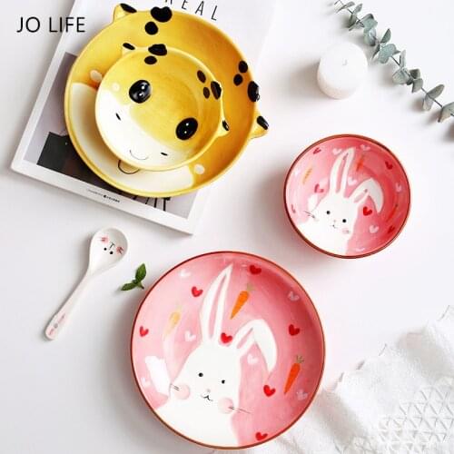 JO LIFE 1PC Cute Children Tableware Cartoon Animal Baby Feeding Bowl Mug Rabbit Giraffe Ceramic Bowl Plate