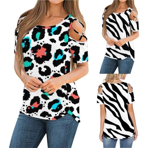 Fashion Leopard Print Women‘s Summer T Shirts Short Sleeve Plus Size Tunic Strappy Cold Shoulder Tops Camisetas De Mujer
