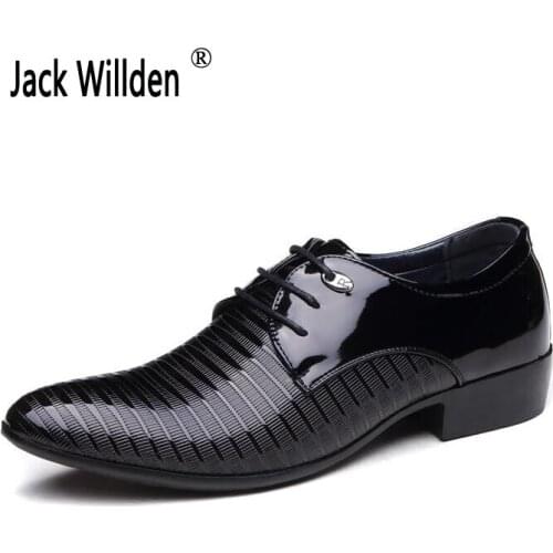 Jack Willden Spring Autumn Men Leather Shoes Pointed Toe Patent Leather Dress Wedding Shoe Business Formal Lace Up Oxfords Flats
