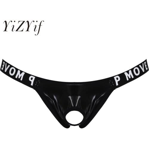 Mens Lingerie Patent Leather Open Back Underwear Hollow Out Bulge Pouch Erotic Sexy Panties T-Back Letter Print Waistband Thongs
