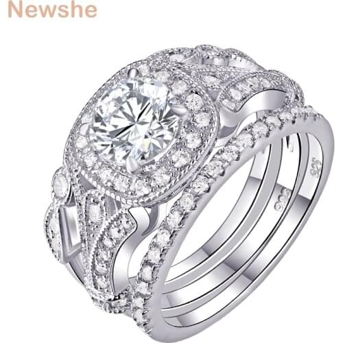 Newshe 3 Pcs Wedding Ring Sets Classic Jewelry 925 Sterling Silver 1Ct Round AAA CZ Engagement Rings For Women Size 5-12