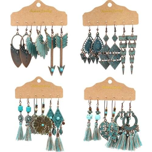 New alloy earrings combination ethnic style retro suit hand woven tassel flower alloy earrings Bohemia Earrings