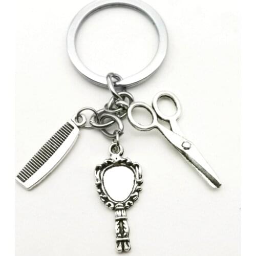 New Fashion Hair Dryer, Mirror, Comb, Scissors Keychain Men and Women Barber Shop Graduation Party Pendant DIY Manual