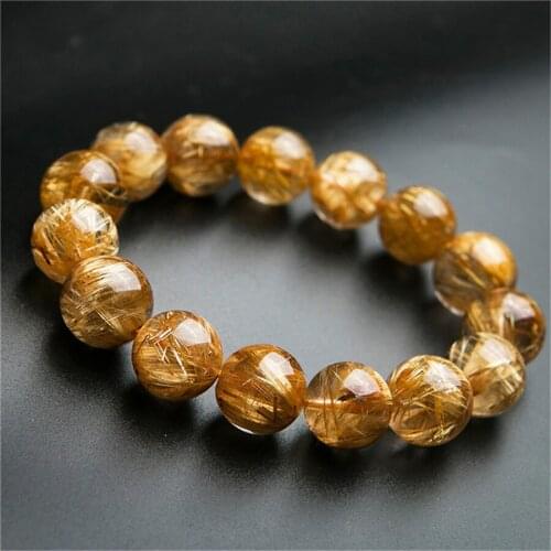 Genuine Natural Titanium Rutilated Quartz Crystal Round Beads Lady Men Charm Stretch Bracelet AAAA 16mm