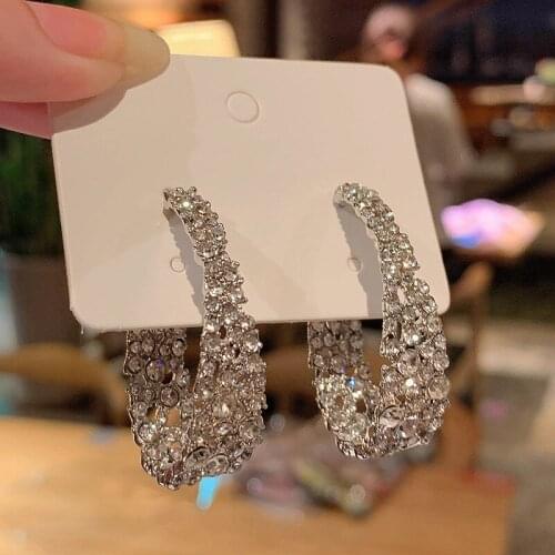Origin Summer Shining Curve Geometric Hoop Earring for Women Girls Shining Rhinestone Silver Color Metallic Earring Jewellery
