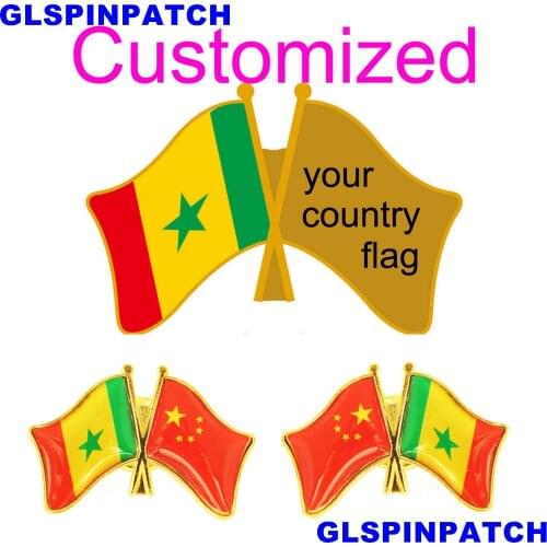 Senegal Crossed Friendship Flag Double Country lapel pin Brooch USA UK France Chile Russia Saudi Arabia Japan Spain Badge