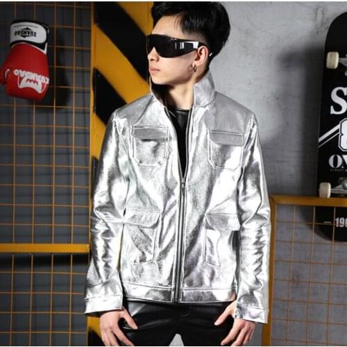 Silver PU jacket men casual clothes mens jackets Cool leather coats Multi-pocket masculina chaqueta hombre casaco masculino