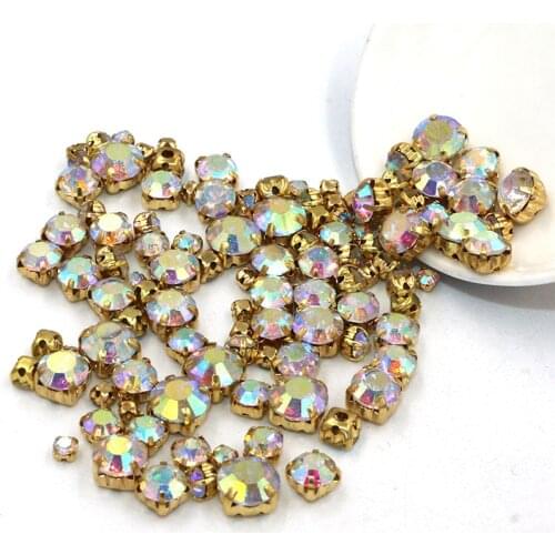 New arrival 100pcs/pack Mixed size glass crystal beads gold base sew on AB rhinestones diy apparel accessories
