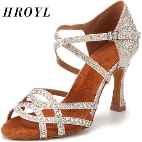 HROYL Women Latin dance shoes Female Girl Ladies tango Ballroom sandal salsa samba Rhinestone Sexy Party Heeled 5/6/7.5/8.5/9/1