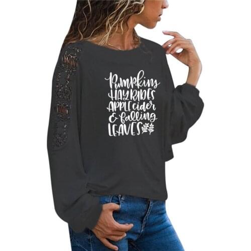 Pumpkins Hayrides Apple Cider Falling Leaves Hipster Women T-Shirt Funny Letter Shirt Tee Casual Slogan Graphic Loose Lace Tops