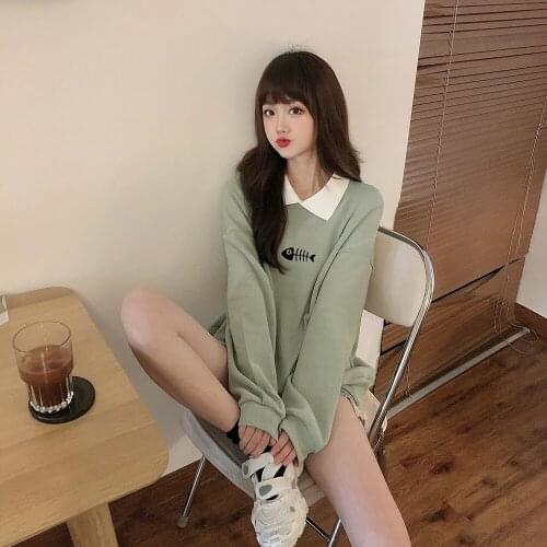 2020 Fall Clothing Fashion for Women Cartoon Fish Bone Printed Hoodies Turn-down Collar Sweatshirts Cotton Pullover Sweat Femme