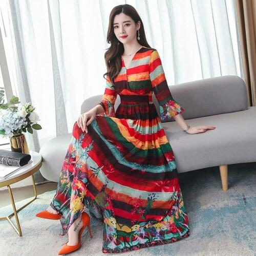Long Bohemia Dress Women 2021 Summer Ethnic Style Clothes Slim Flare Short Sleeve V-Neck Retro Printed Chiffon Dress ZH1259
