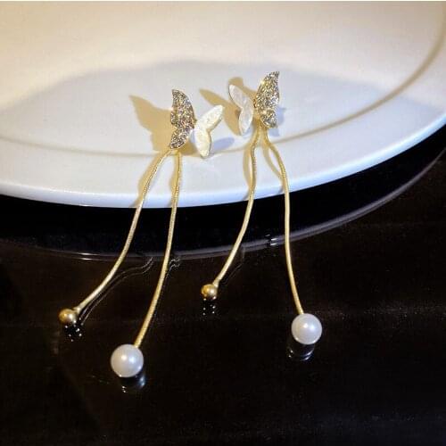 2021 New Fashion Long Tassels Fine Pearl Temperament Drop Earrings Sweet Fresh Acrylic Butterfly Elegant Senior Women Earrings