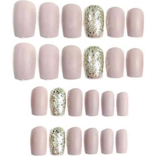 24Pcs/set Acrylic Fake Nails Matte Frosted Short False Nail Square Head Gold&Brown With 2g Glue