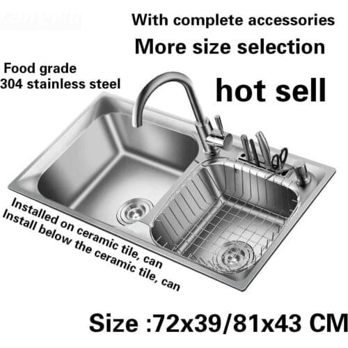 Free shipping kitchen sink 0.8 mm thick food grade 304 stainless steel normal large double groove hot sell 72x39/75x40/81x43 CM