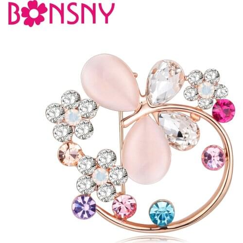 Bonsny Crystal Opal Alloy Flower Basket Brooch For Women Wedding Brooches Pin Collar Scarf Decoration 2017 New Fashion Jewelry
