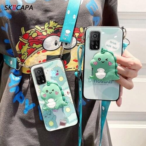 For Xiaomi 11 Pro 11i Crossbody Lanyard Ring Holder Cover For Xiaomi 10 Ultra 10T Lite 3D Cartoons Dinosaur Tempered Glass Case