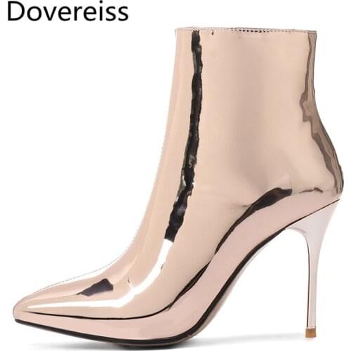 Dovereiss Fashion Womens Shoes Winter Pointed Toe Sexy Zipper Pure color silver New Concise Stilettos heels Ankle boots 31-45