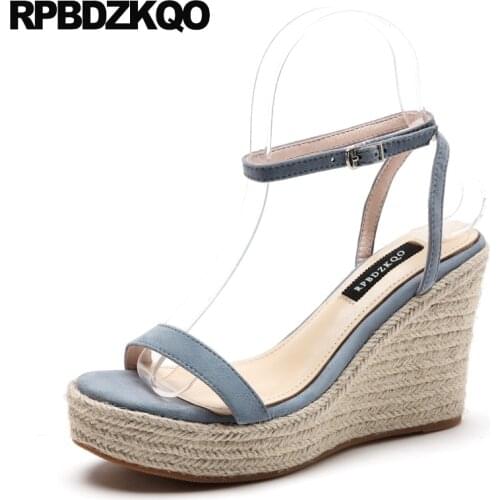 Genuine leather blue slingback shoes espadrilles rope high heels women fashion ankle strap pumps platform wedge sandals summer