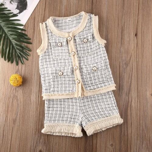 2PCS Toddler Baby Girls Casual Clothes Set Plaid Vest Coat Tops+Tassel Shorts Outfits Single Breasted Suit 0-6Y