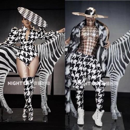 Zebra costume Sexy women men stage dance wear nightclub bar show costumes party bodysuit jumpsuit