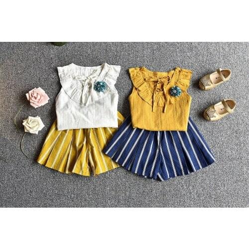 Girls baby summer suit new round neck doll collar ruffle sleeveless doll collar shirt fashion striped shorts two-piece