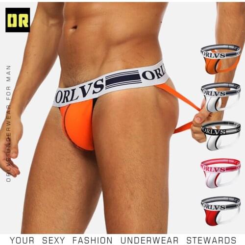 ORLVS Mens Sexy Underwear Cotton Bikini Briefs Mens Double D G-string Thongs Male Jockstraps Gay Underpants Tanga Hombre OR160