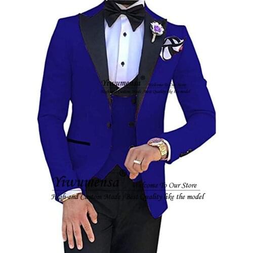 Royal Blue With Black Lapel Suits for Men Custom Made Terno Slim Groom 3 Piece Wedding Mens Suit Masculino (Jacket+Pant+Vest)