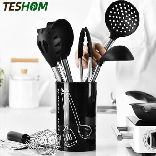 9 Pcs Kitchen Utensils Set Cooking Tools Silicone Stainless Steel Non-stick Spatula with Storage Box Black Spatula Kitchen Tools