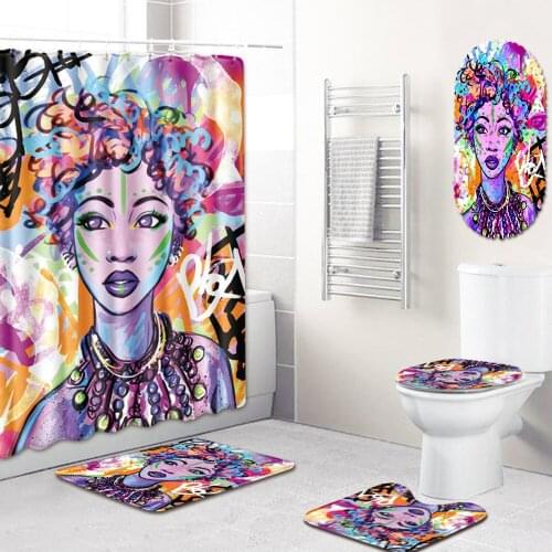 2019 NEW 5 Pcs African American Women Shower Curtain Bath Rug Set Bath Mat Bathroom Accessories Curtains With Hooks
