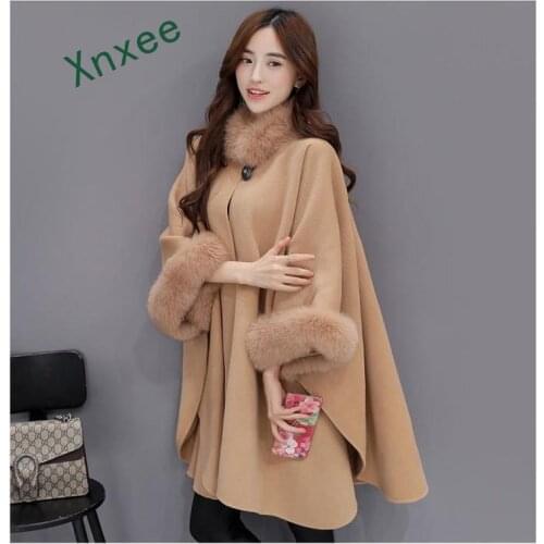 Xnxee New 2019 Winter Women Cloak Big Fur Collar Plus Size Wool Coat Long Winter Jackets Parka Coats Outerwear