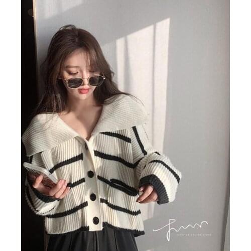 Autumn Winter Sailor Collar Striped Preppy Style Knitted Sweater Korean Long-sleeved Streetwear Women Clothing Black White Tops