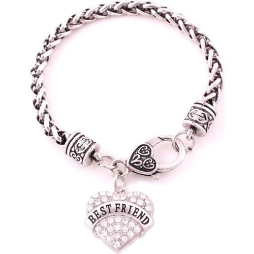 Rhodium plated studded with crystal BEST FRIEND pendant bracelet Lobster-claw-clasps