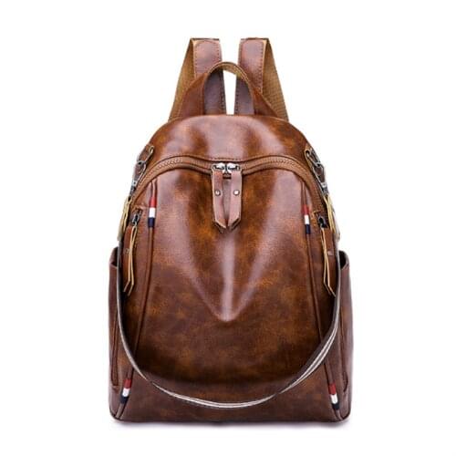 Women Leisure Backpack New Casual Pu Leather Solid Color Vintage Zipper Bags 2021 Designer Large Capacity Backpack