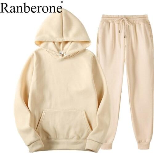 Ranberone 2Pcs Sport Suit Fitness Solid Color Womens Tracksuits Hooded Pullover Sweatshirt Casual Pants Sets Sportswear Male