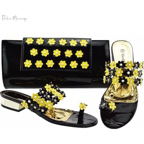 Italian Design Yellow With Black Color Shoes and Bag Set Small Flower Decoration for Evening Dress African Lady Shoes