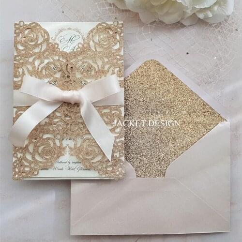 2020 Design Rose Gold Glitter Laser Cut Wedding Invitation Card with Ribbon and Glitter Envelope 50pc/lot, Sweet Sixteen Invites