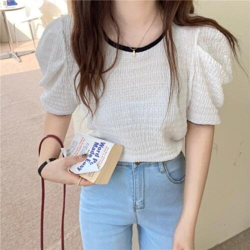Korean Simple Women Shirt White Shirt Plus Size Summer Puff Short Sleeve Womens Tops New O Neck Casual Loose Blouse 14894