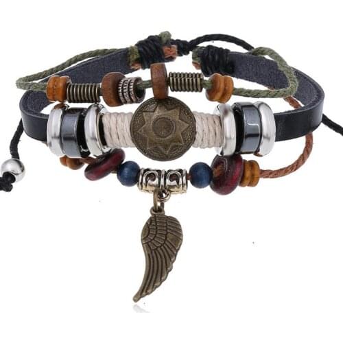 Vintage Retro Punk Sun Wing Charm Beads Leather Bracelet Adjustable Multilayer Bangle Wristband Women Men Casual Fashion Jewelry