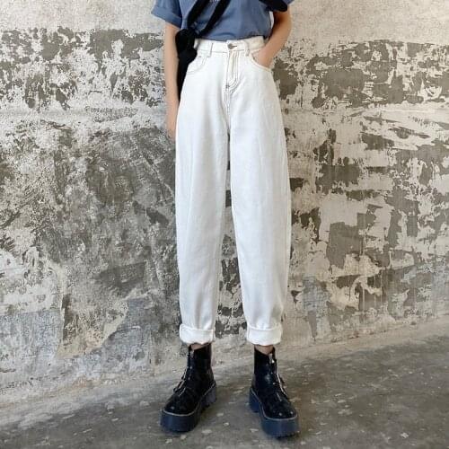 2020 New Spring Off White Casual Pipe Pants High Waist Jeans Womens Straight Tube Loose Light Color Versatile Show Thin Fashion