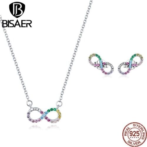 Rainbow Infinity Love Jewelry Sets BISAER 925 Sterling Silver Necklaces & Stud Earrings Colorful Zircon For Women Luxury Jewelry
