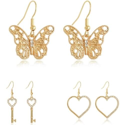 2021 korean fashion butterfly heart key pendientes dangle earring aesthetic for women girls crystal heart drop earring trendy