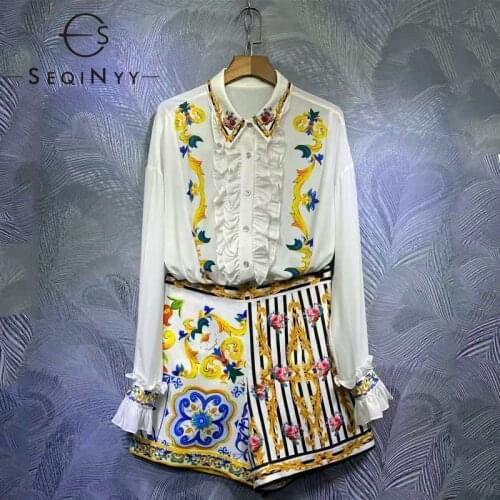 SEQINYY Sicily Style Suit 2021 Summer Spring New Fashion Women Runway Bead White Shirt + Stripe Shorts Vintage Flower Print