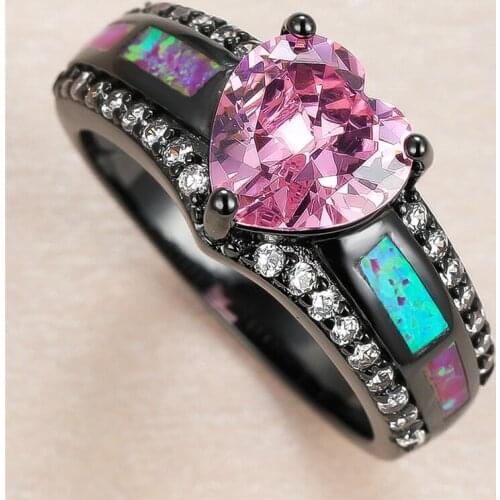 Boho Female Love Heart Crystal Ring Charm Black Gold Big Wedding Rings For Women Cute Pink Opal Stone Engagement Ring