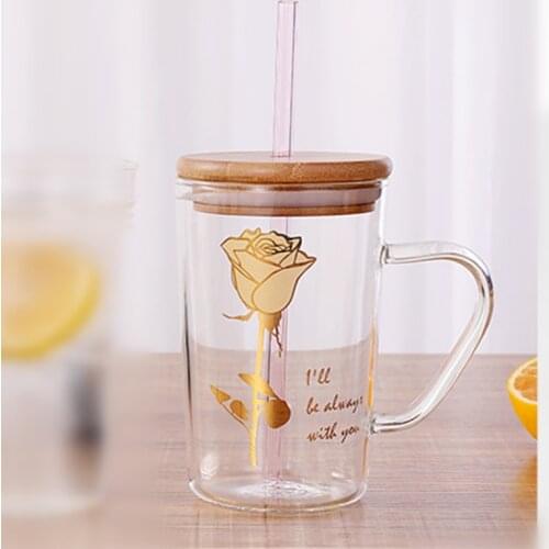400ml Modern Fashion Rose Straw Cup Light Luxury Glass Sippy Mugs Home Couple Breakfast Cup with Handle Lid Office Coffee Cup