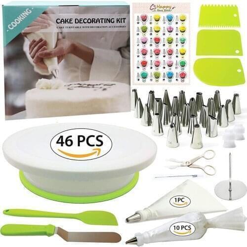 46Pcs Cake Decorating Tools Supplies with Cake Turntable Disposable Pastry Bags Piping Tips Icing Spatula Smoother Coupler