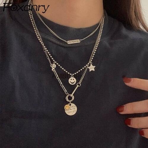 Foxanry 925 Sterling Silver Smiley Face Necklace INS Fashion Vintage Hiphop Clavicle Chain Party Jewelry Gifts for Women Couples