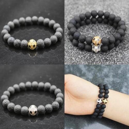 Beaded Bracelet 8mm Natural Stone Lava CZ Zircon Gold Plated Football Beads Bangle Stretch Charm Yoga Women Men Jewelry